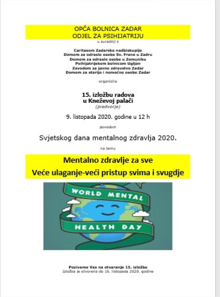 Otvorenje 15. izložbe radova povodom Svjetskog dana mentalnog zdravlja 2020.