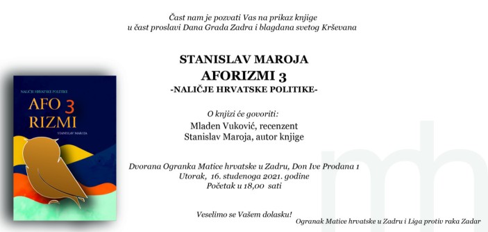 Prikaz knjige I Stanislav Maroja „Aforizmi 3, naličje hrvatske politike“