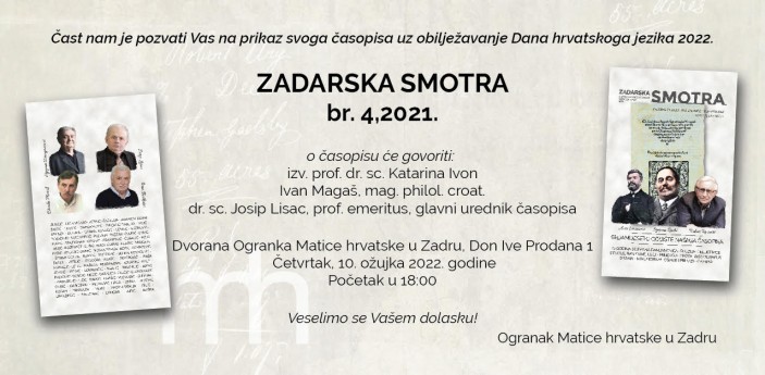 Prikaz časopisa Zadarska smotra I Ogranak Matice hrvatske u Zadru